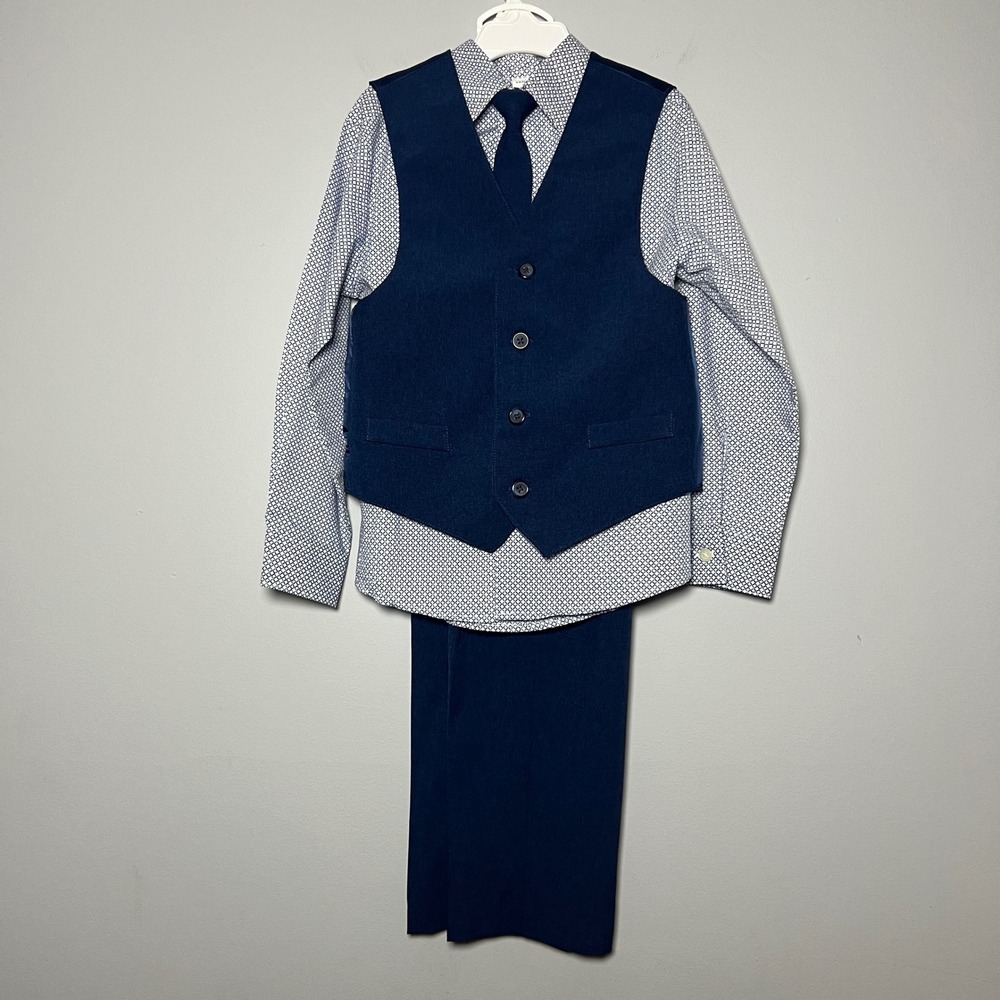 Van Heusen Boys 4 Piece Vest Set Suit Blue Pants Shirt Tie Size 6 Formal Wedding